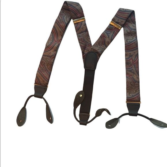 CAS Mens Braces Suspenders Silk Leather Button Tips Brass Clasp - Picture 1 of 4